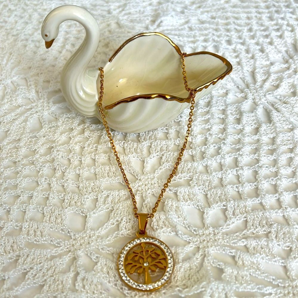 Stainless Steel Tree of Life Pendant Gold Tone Necklace